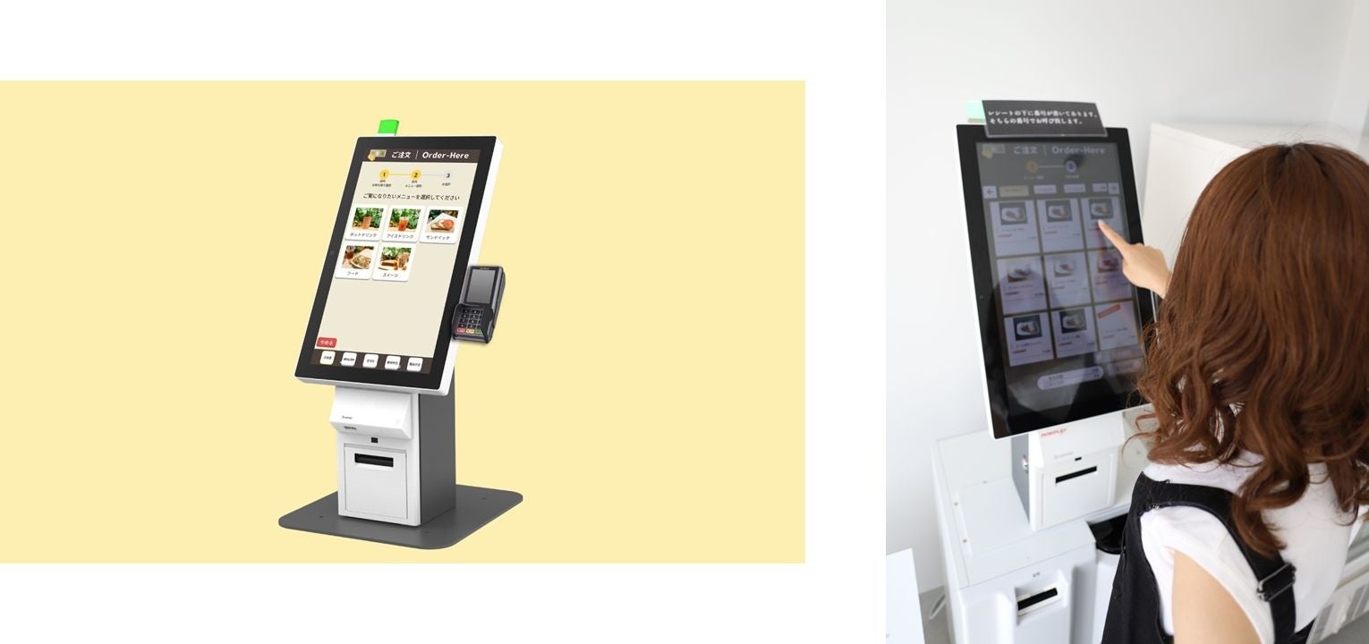 左：「POS+ selfregi」イメージ／右：『ゑびや商人館／牛寿司屋台』での店頭設置イメージ