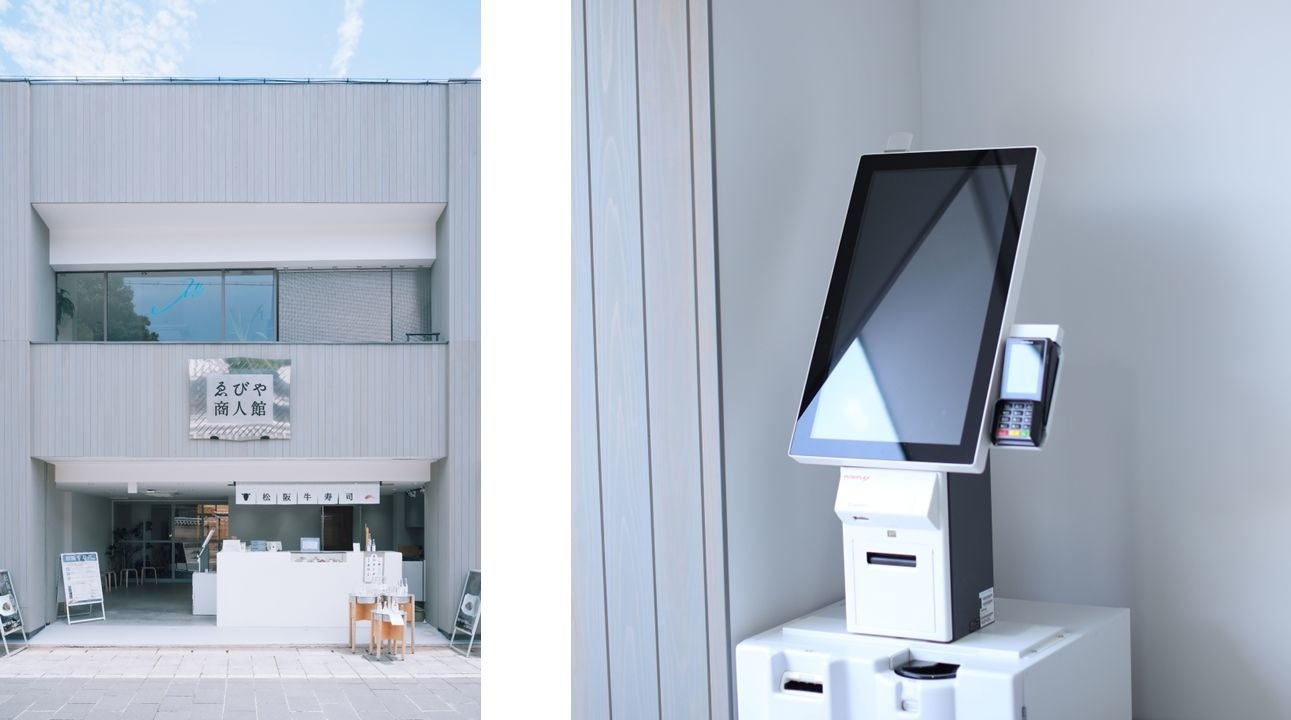 左：『ゑびや商人館／牛寿司屋台』外観イメージ／右：「POS+ selfregi」イメージ