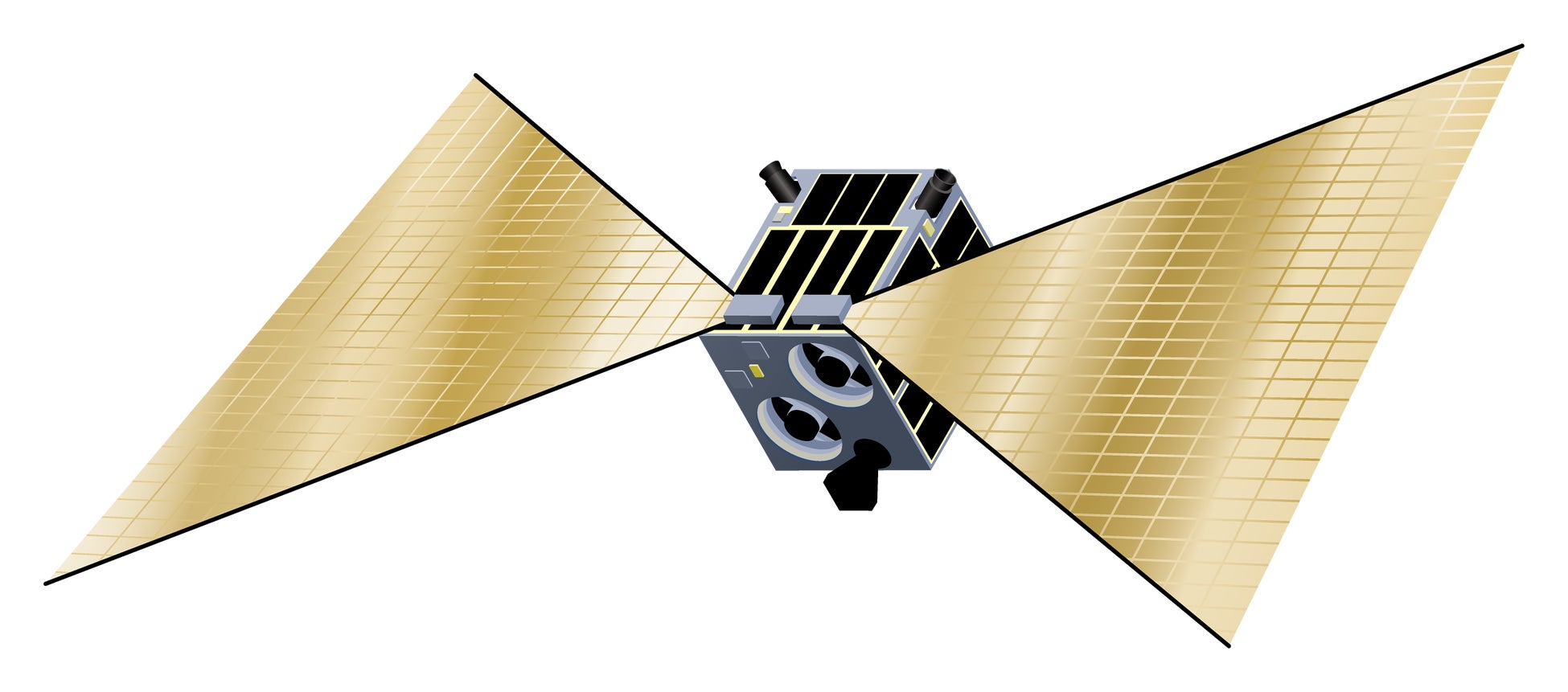アクセルスペースの「小型衛星用膜面展開型デオービット機構（D-SAIL）」​​。人工衛星の運用終了後に起動し、大きな膜面を展開、大気圏への突入の短縮をはかる機構です。
