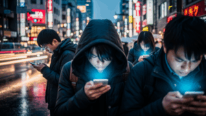 ドコモ、eSIM再発行手数料を一部返金へ。都市の中でスマートフォンを使用する人々のシーンを描写。