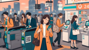 「残高不足」をゼロへ——GoogleウォレットがSuicaとPASMOの残高通知機能を追加する様子。都市の改札近くでスマホを使う人々の行動を表現。