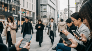 iPhone 17 Proはダサいという噂について、都市の日常でスマホを使う人々を背景にしたシーン。