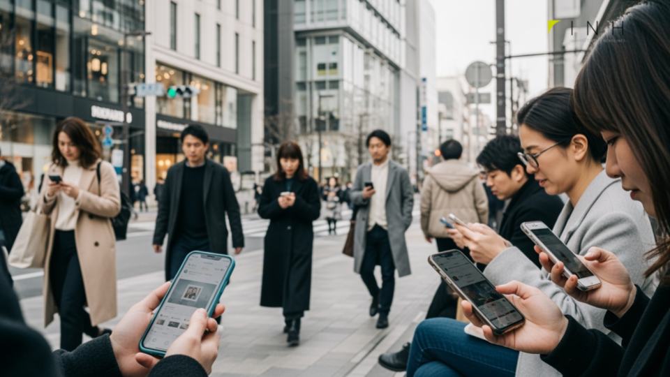 iPhone 17 Proはダサいという噂について、都市の日常でスマホを使う人々を背景にしたシーン。