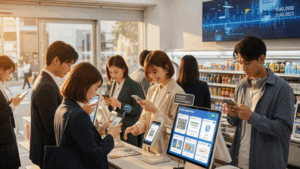 povo2.0、ローソンeSIMに30GB新プラン追加。都市のコンビニでモバイル決済をする人々の様子を描写した日常風景。