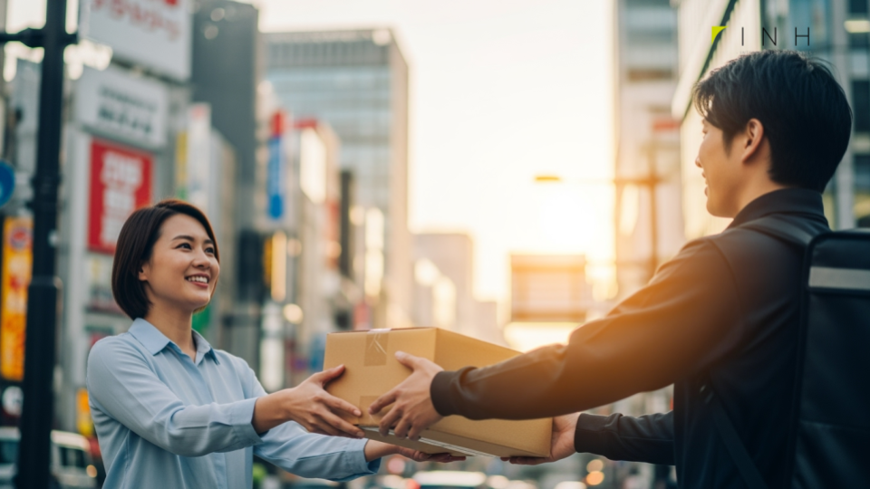 LINEMOのSIMカード即日発送キャンペーンを象徴する、都市の日常でパッケージを受け取るシーン。手軽さと迅速さを強調した構図。