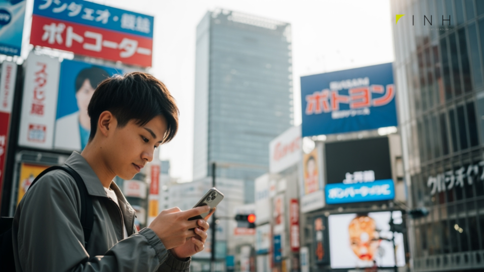 最新の楽天モバイル、SIM/eSIM乗り換えキャンペーンに関連する都市の風景。スマホを使う人々が生活するシーンを描き、急速な技術の進化を表現。