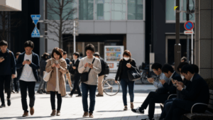 【2025年最新】SIMカードを即日発行できるショップやサービスの紹介。日本の日常の中でスマホを使う人々を描写しています。