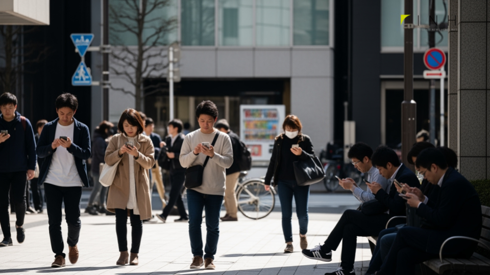 【2025年最新】SIMカードを即日発行できるショップやサービスの紹介。日本の日常の中でスマホを使う人々を描写しています。