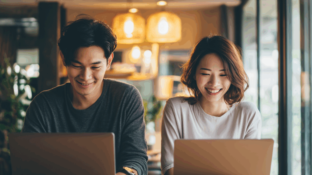 日本でおすすめのVPNを利用しパソコンで快適に安全に作業をする男女