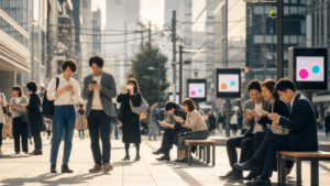 mineo、パケット放題プランを12月10日から変更。日本の都市でモバイルデータ通信を利用する人々のシーンを描写しています。