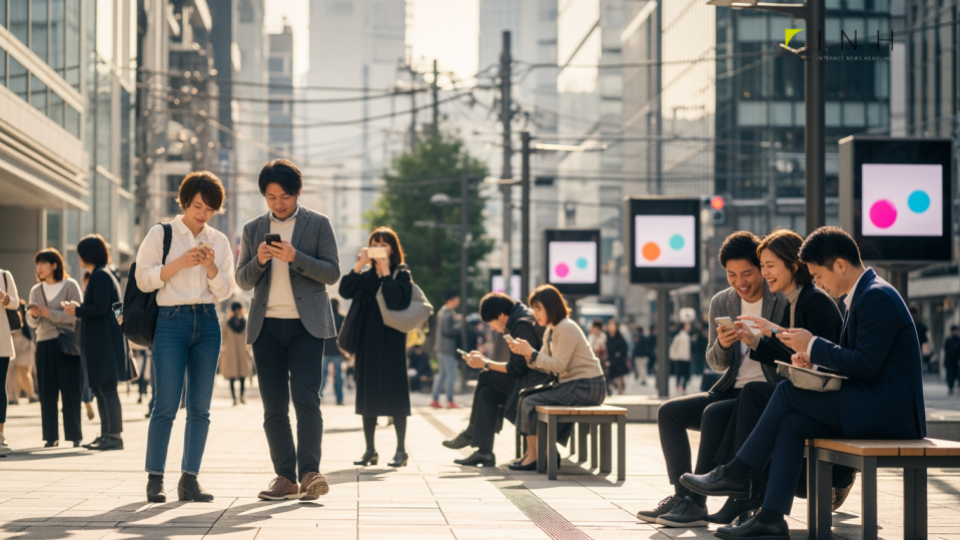 mineo、パケット放題プランを12月10日から変更。日本の都市でモバイルデータ通信を利用する人々のシーンを描写しています。