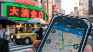 nubia S2の特徴と価格を解説する記事のための画像。現代日本の街中で、アウトドアシーンで使われる耐久性のあるスマホを軸にした描写。