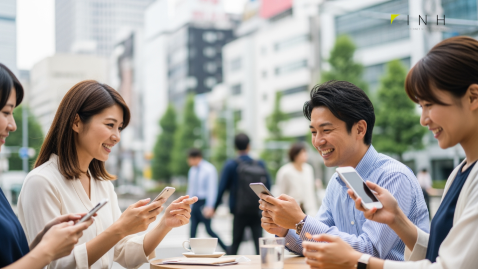 U-NEXTが20GB300円格安SIM開始の便益を表現した都市の日常風景。スマホを使用する人々やカフェの様子を含む。