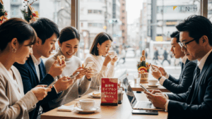 BIC SIM年始キャンペーン開始をテーマにしたカフェでスマホを使う人々のシーンを描写し、和やかな雰囲気を伝える画像です。