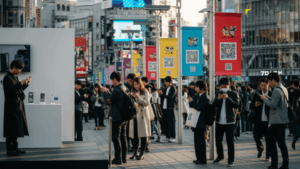 iPhone乗り換えキャンペーン1/5更新における現代日本の都市シーンを表現した画像。人々がスマートフォンを手に持ちながら、賑やかな雰囲気の中で交流している様子。