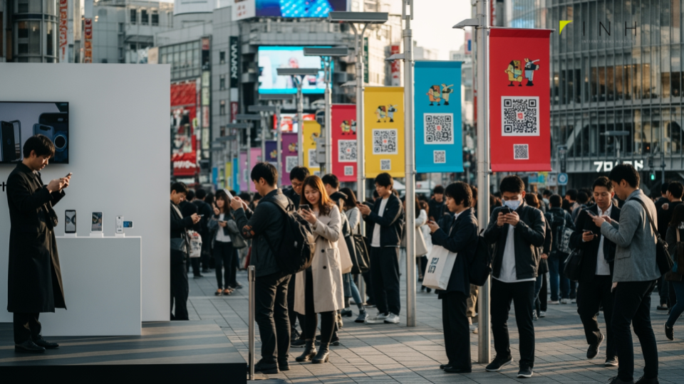 iPhone乗り換えキャンペーン1/5更新における現代日本の都市シーンを表現した画像。人々がスマートフォンを手に持ちながら、賑やかな雰囲気の中で交流している様子。
