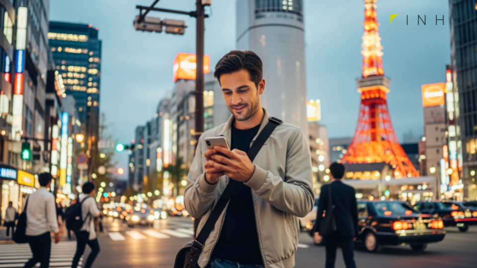 格安SIM各社の1月最新キャンペーン比較のため、スマートフォンを使用している現代日本の街中のシーン。