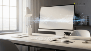 MSIが「PRO MAX X870E-A WIFI」のデザインを意識したモダンな作業スペース。静かで集中できる環境を演出する構図。