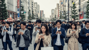 Xiaomi POCO M8 5G日本発売1/8を祝う都会の風景。スマホを手にした人々がいる活気あふれるシーンを描写。