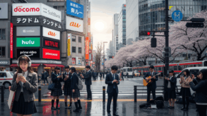 楽天モバイル、Hulu実質2カ月無料に関するキャンペーンを説明した記事用アイキャッチ画像。現代日本の街並みとスマホを持つ人々。