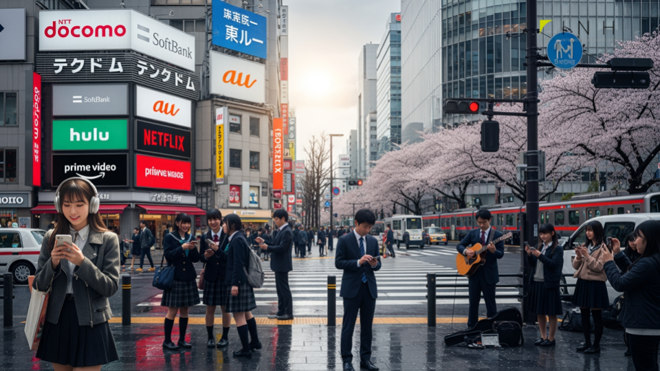 楽天モバイル、Hulu実質2カ月無料に関するキャンペーンを説明した記事用アイキャッチ画像。現代日本の街並みとスマホを持つ人々。