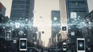 ソラコムのeSIM/iSIM本当の評価は？日本の都市風景の中でコネクティビティを象徴する抽象的な要素を表現した画像です。