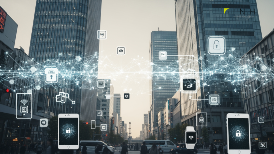 ソラコムのeSIM/iSIM本当の評価は？日本の都市風景の中でコネクティビティを象徴する抽象的な要素を表現した画像です。