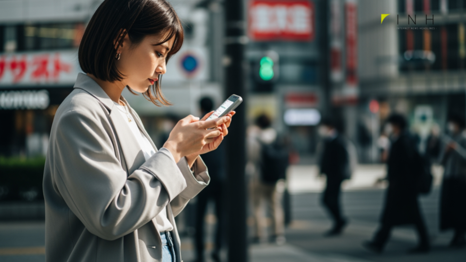 UQモバイルMNPで最大2万円還元を示す、都市の日常風景。スマートフォンを持つ人がモバイル決済を行う様子を描写し、身近でアクセス可能なサービスを感覚的に表現。