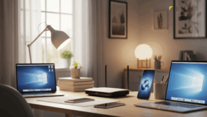 2026年Wi-Fiルーター事情予想をテーマにしたアイキャッチ画像。モダンなオフィス環境にWi-Fiルーターとスマートデバイスが配置されており、未来のデジタルライフスタイルを表現している。