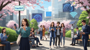 招待制格安SIM「you me mobile」とは、新しいサービスとして人々がスマートフォンを使いこなしている現代の日本の様子を示すアイキャッチ画像です。