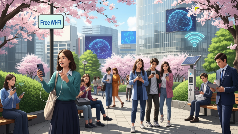 招待制格安SIM「you me mobile」とは、新しいサービスとして人々がスマートフォンを使いこなしている現代の日本の様子を示すアイキャッチ画像です。