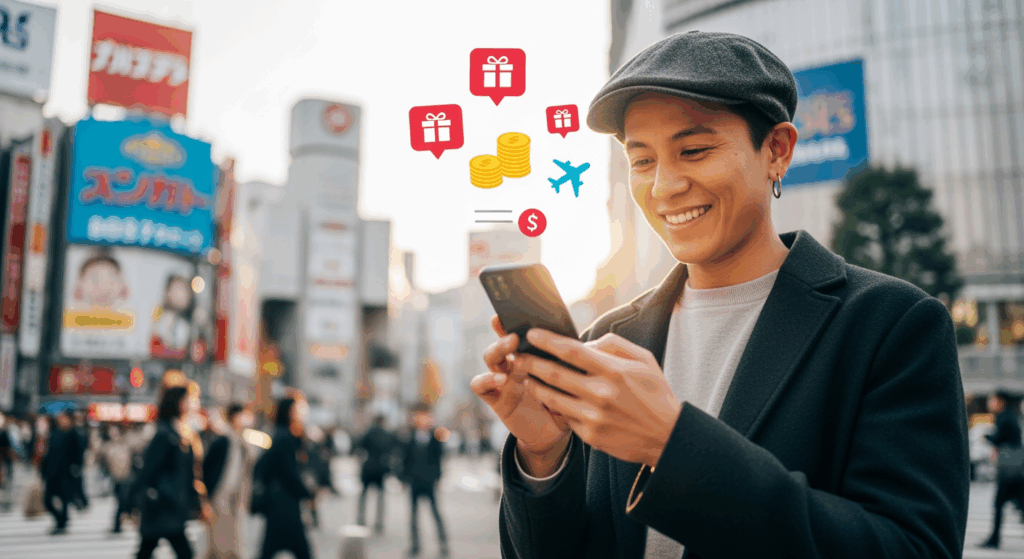ANAモバイルが20%還元を実施し、スマホ代節約による旅行費用の捻出を提案する日常シーン。