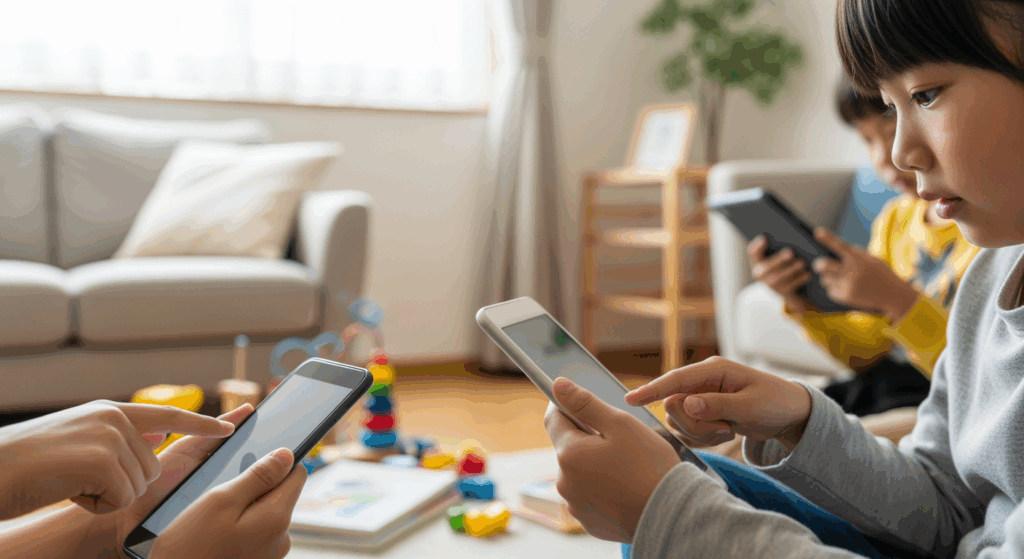 スマホ普及で変わる子供の文字入力を示す現代の家庭のシーン。子供たちがスマホやタブレットに夢中になっている様子を描写。