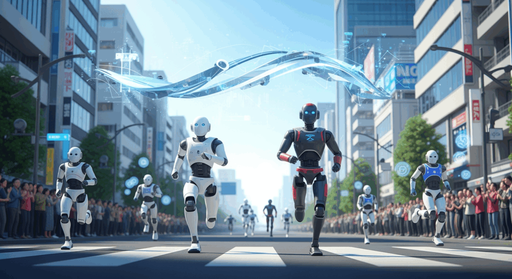 HONORがロボットマラソンで優勝した瞬間、未来的な風景に二足歩行ロボットが走る姿を捉えています。技術と革新の融合を感じるシーン。