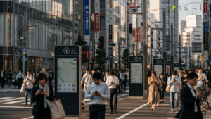 メルカリモバイルが新品スマホと回線のセット販売を開始、都市の日常風景で人々がスマホを使う様子を描写した画像。