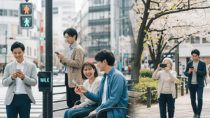 povoが月額190円からスマホ保険を開始。人々が日常的にスマホを使っている現代的な風景を描写した画像。