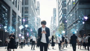 povoが月額190円からのスマホ保険を提供開始し、中古や他社端末も補償対象となる新サービスの様子を示す都内の風景です。