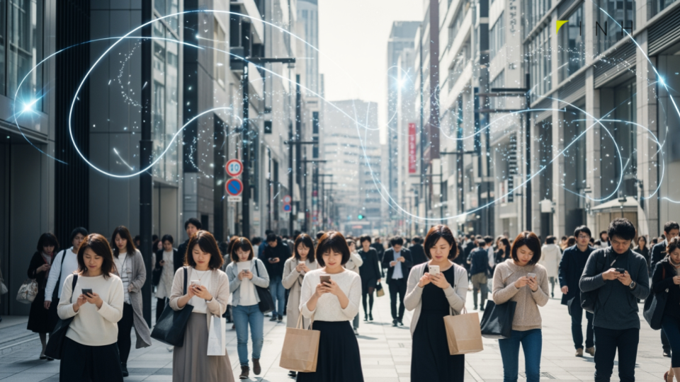 楽天モバイルの料金プラン、割引、注意点についての解説を象徴する日本の都市生活の風景。多くの人がスマホを使う様子を捉えています。