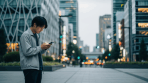 2026年5月最新｜スマホ一括1円キャンペーン完全解説。都市の中でスマホを使う様子を捉え、テクノロジーの進化を表現しています。